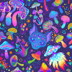 Magic mushrooms and cosmic cat seamless pattern. Psychedelic hallucination. 60s hippie colorful art. Vintage psychedelic textile, fabric, wrapping, wallpaper. Vector repeating illustration.