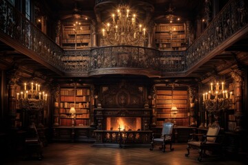 Obraz premium An Enchanting Vintage Library with Rows of Dusty Books and Antique Lamps Casting a Soft Light