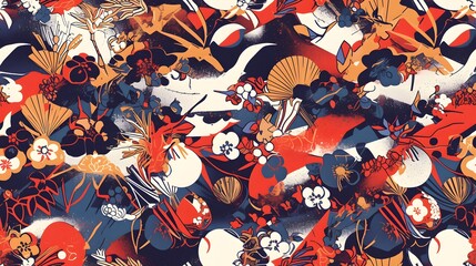 seamless pattern of japan landscape nature abstrack gouache painting for fabric design, art print, textiles, wallpaper, and more