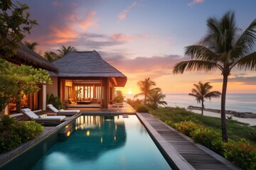 An Exquisite Beachfront Villa in a Tropical Paradise with a Stunning View of the Setting Sun