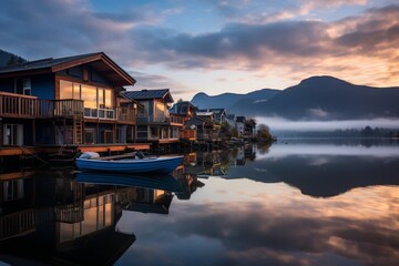 Fototapeta premium A Tranquil Morning in a Community of Floating Houses Nestled Against a Mountainous Landscape