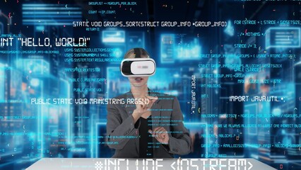 IT developer analyzing intelligent website development coder system running data by VR glasses...