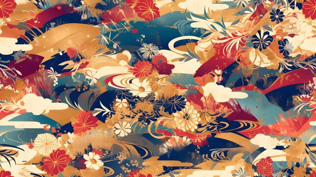 seamless pattern of japan landscape nature abstrack gouache painting for fabric design, art print, textiles, wallpaper, and more