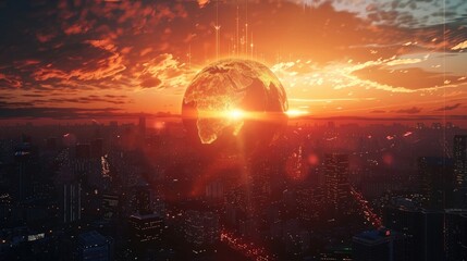 3D rendering of digital earth hologram glowing in the center with orange light over cityscape at sunset, cyber technology concept. wide angle lens natural lighting
