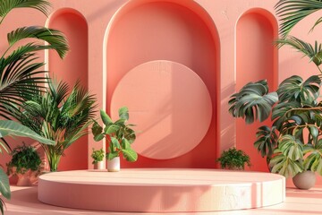 3d rendering of empty podium in minimal interior with arches and plants. peach color background. tropical su