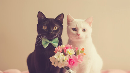 Casal de gatos um deles preto e o outro branco, ambos usando gravatas e segurando flores - wallpaper fofo 