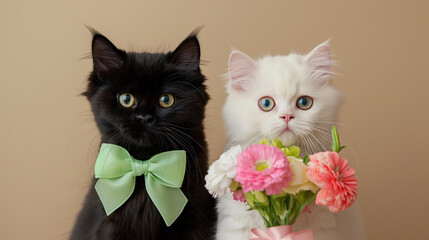 Casal de gatos um deles preto e o outro branco, ambos usando gravatas e segurando flores - wallpaper fofo 