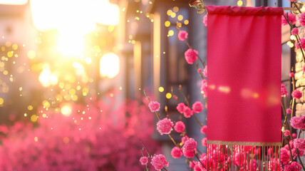 A red banner hangs in front of a bush with pink flowers