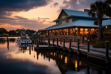 Fototapeta premium A charming fishing gear store by a lively marina bathed in the warm hues of dusk