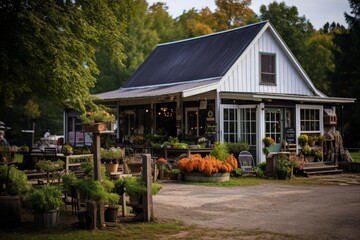 Rustic Country Shop Displaying Local Delicacies and Artisanal Crafts Amidst Greenery