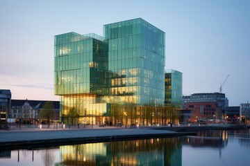 Environment-Friendly Sea Green Office Building with Reflective Glass Exterior