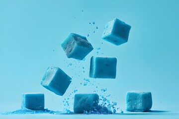 A pile of blue sugar cubes that have been thrown into the air. The cubes are scattered all over the ground, creating a sense of chaos and disorder