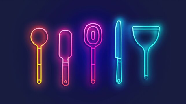 A neon sign of kitchen utensils including a spoon, spatula, knife, and ladle