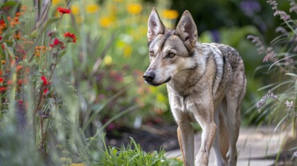 Female Saarloos wolfdog strolling in a garden