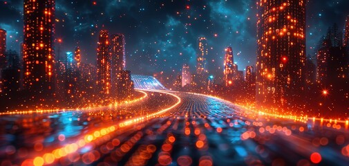 Abstract highway path through digital binary towers in city. 3D rendering Concept of big data, machine learning, artificial intelligence, hyper loop, virtual reality, high speed network