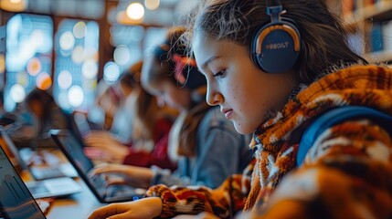 A classroom filled with students using tablets and laptops for a digital learning lesson
