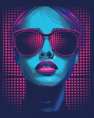 A woman wearing pink glasses stands out against a vibrant blue background in this artistic t-shirt graphic design