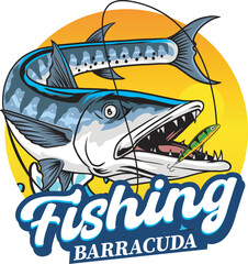 Vector Illustration of Barracuda Fish with Fishing Bait and Waves with Vintage Illustration Available for Fishing Badge