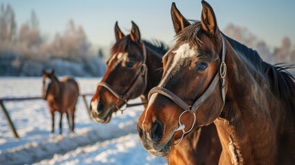 Racehorses of Thoroughbred Breed on Farm During Winter