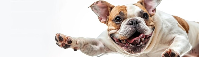 A closeup of a white and brown French Bulldog midbark, showing excitement and movement, isolated on a white background