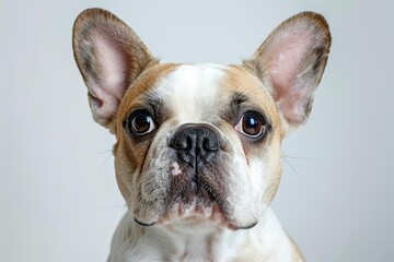 A closeup shot of a playful white and brown French Bulldog with its ears perked and eyes bright, isolated on white