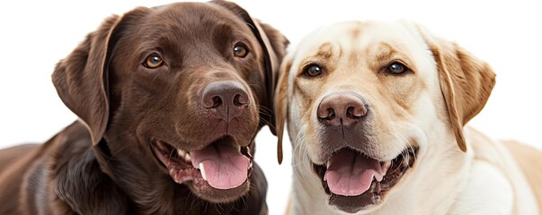 A detailed closeup of a white and brown Labrador Retriever in midjump, showcasing joy and energy,...