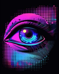 An eye with vibrant blue and pink colors on black background, ideal for tshirt graphic design
