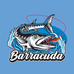 Vector Illustration of Barracuda Fish with Fishing Bait and Waves with Vintage Illustration Available for Fishing Badge