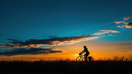 Fototapeta premium A person is riding a bike in a field with the sun setting in the background