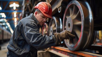 Railway worker in uniform and helmet examines train wheels taken off locomotives at the train maintenance facility