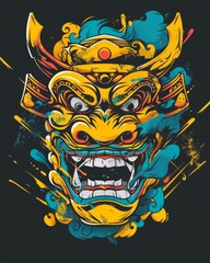 A vibrant drawing of a demon face mask against a black background, ideal for t-shirt graphics