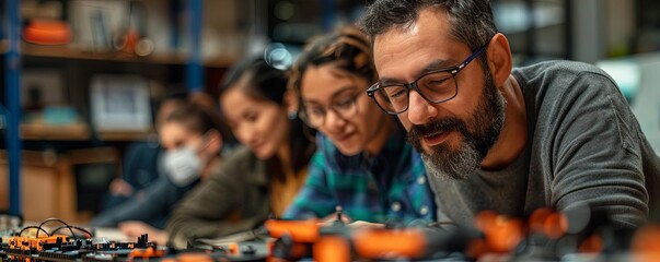 Fototapeta premium A group of teachers attending a STEM professional development workshop, working together on a robotics kit