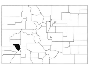 Map of ouray County in Colorado state on white background. single County map highlighted by black colour on Colorado map. UNITED STATES, US