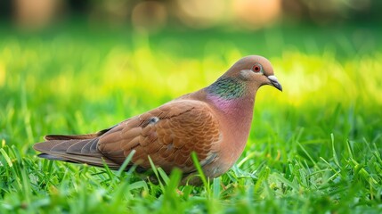 Pigeon of brown color among green grass