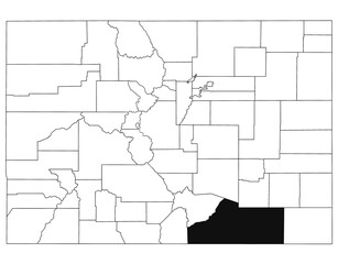 Map of Las animas County in Colorado state on white background. single County map highlighted by black colour on Colorado map. UNITED STATES, US