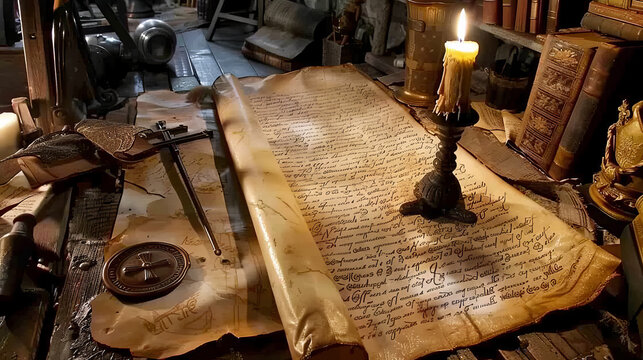 Ancient Manuscript with Navigational Tools on Wooden Desk