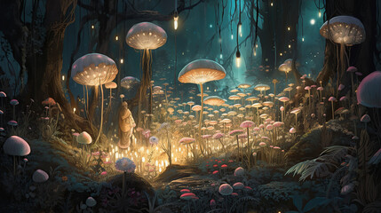 Naklejka premium A bewitching anime style illustration of a hidden forest sanctuary where witches gather for their annual ritual, illuminated by floating orbs of light and bioluminescent plants, the air thick with mys