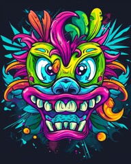 A vibrant, colorful mask against a dark background, perfect for t-shirt designs