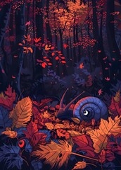 Autumn Forest Snail Serene Minimalist Poster Design Showcasing a Contemplative Creature Amidst Vibrant Foliage