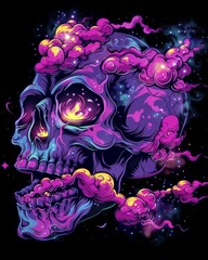 Colorful skull with a cigarette in its mouth, cosmic galaxies and nebulae design, isolated on black background