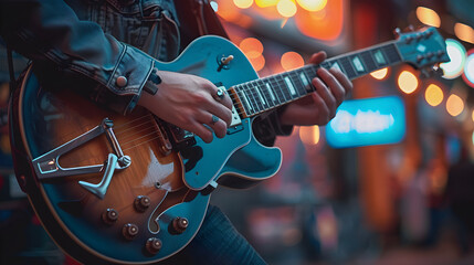 A person playing guitar, creating music and showcasing their talent. Suitable for music-related events and leisure activities.