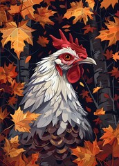 Serene Autumn Chicken Portrayal in Vibrant Forest Landscape