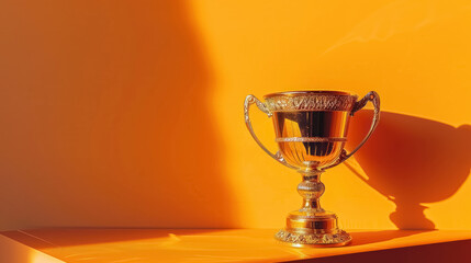 roland garros golden trophy cup concept, on vibrant orange background, with copy space for text