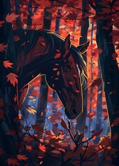 Serene Autumn Horse A Captivating Anime Inspired Portrayal of Nature s Splendor