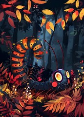 Serene Caterpillar Amidst Autumn s Vibrant Foliage in a Captivating Forest