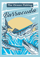 Vector Illustration of Barracuda Fish in The Sea with Vintage Illustration Available for Poster