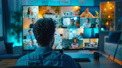A virtual team meeting on a computer screen, with colleagues discussing a project via video conference