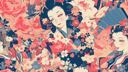 Fototapeta premium seamless pattern of japanese geisha woman with kimono abstrack gouache painting for fabric design, art print, textiles, wallpaper, and more