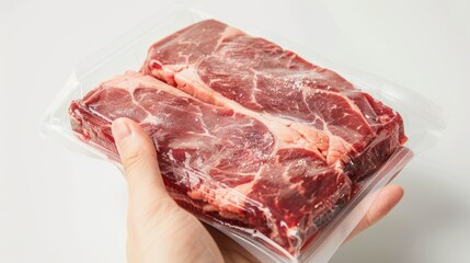 Package of frozen steak and pork being held by hand on a white background