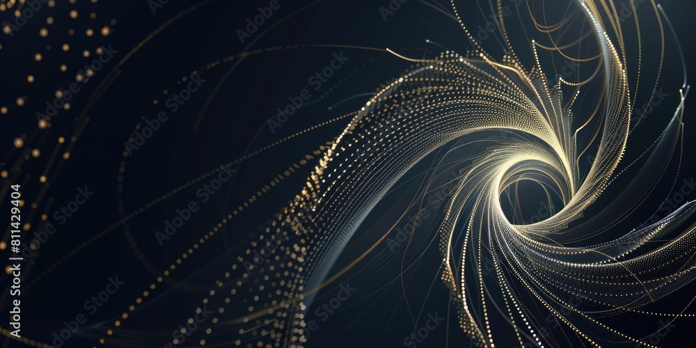Poster 3d rendering of a glowing golden spiral made of tiny particles on a dark blue background. aig51a.